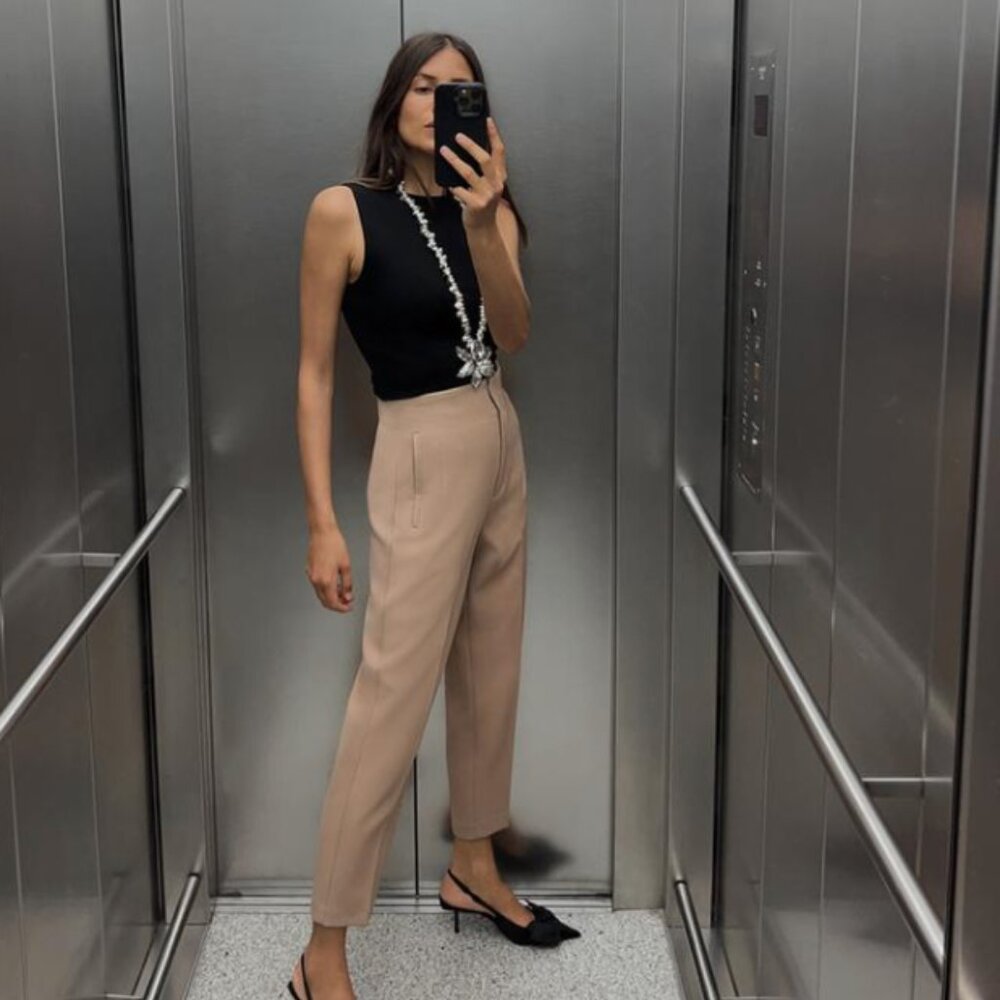 Zara High Waist Tan Work Pant, L